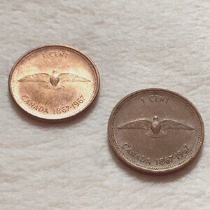 Two 1867-1967 Centennial RCM Dove Copper Pennies